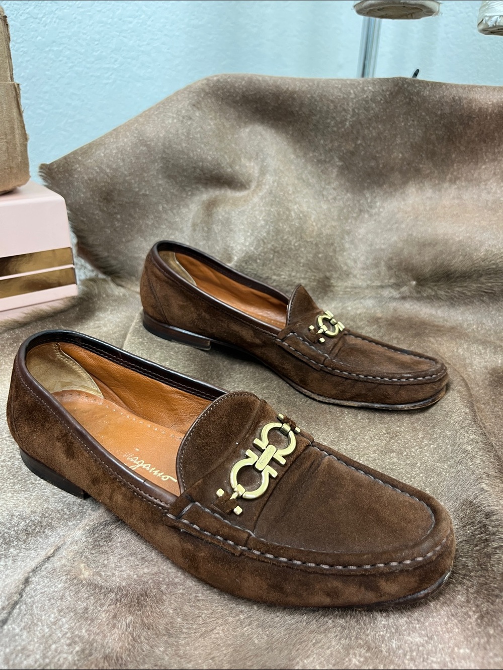 Salvatore Ferragamo Suede Logo Brass Hardware Slip on Loafers Heels 8.5 AA